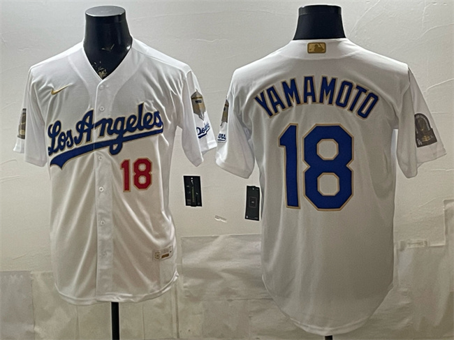 Men's Los Angeles Dodgers #18 Yoshinobu Yamamoto White 2026 Gold Collection 9x & B2B Champs Patch Stitched Baseball Jersey Men's Los Angeles Dodgers #18 Yoshinobu Yamamoto White 2026 Gold Collection 9x & B2B Champs Patch Stitched Baseball Jersey